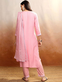 Vishudh Pink Floral Embroidered Straight Kurta with Trousers & Dupatta