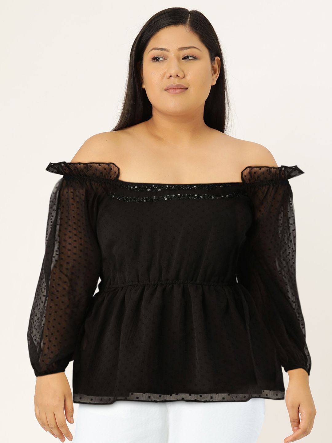 Antheaa Women Black Self-Design Bardot Top