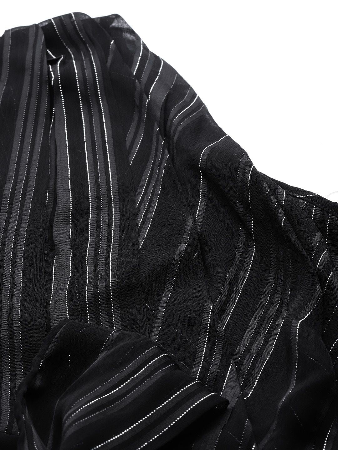 Sassafras Black & Silver Striped One Shoulder Puff Sleeves Cinched Waist Crop Top