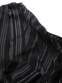 Sassafras Black & Silver Striped One Shoulder Puff Sleeves Cinched Waist Crop Top