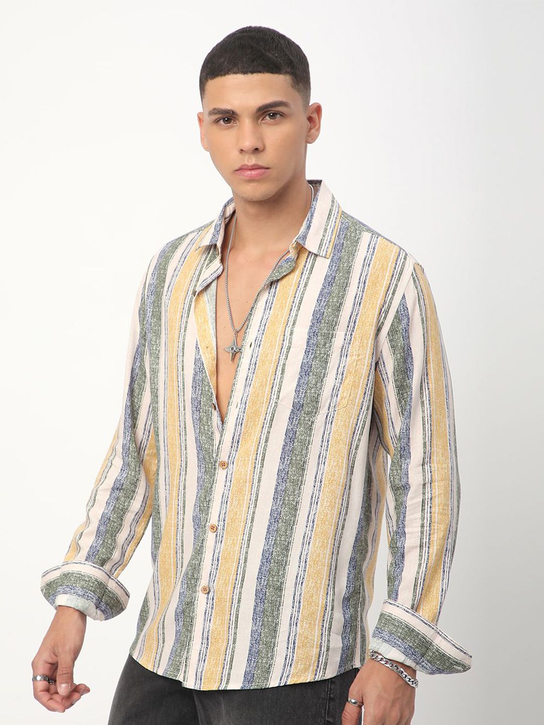 VASTRADO Men Classic Slim Fit Spread Collar Vertical Striped Cotton Casual Shirt
