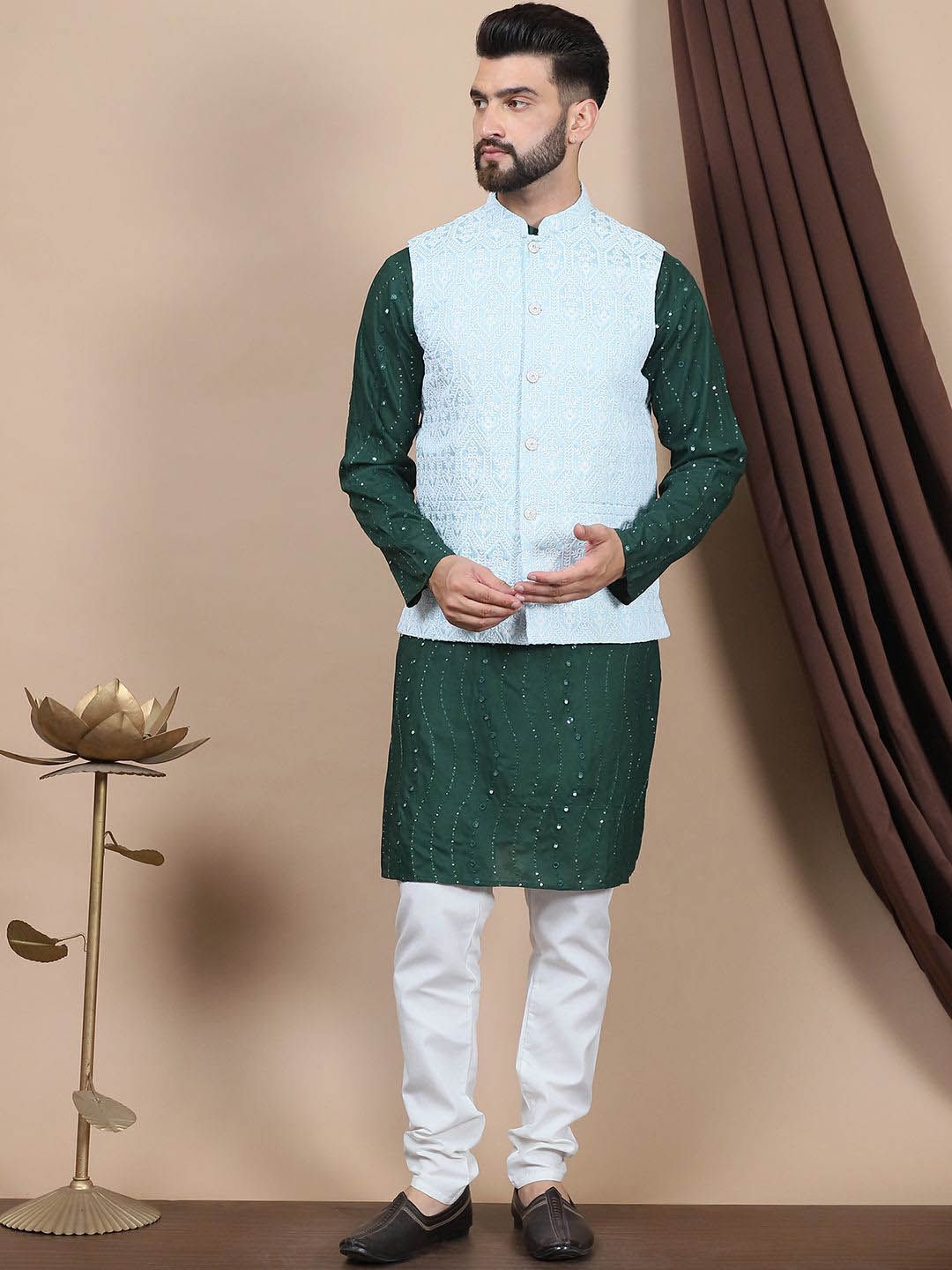 Anouk Green Floral Embroidered Straight Sequinned Pure Cotton Kurta with Churidar