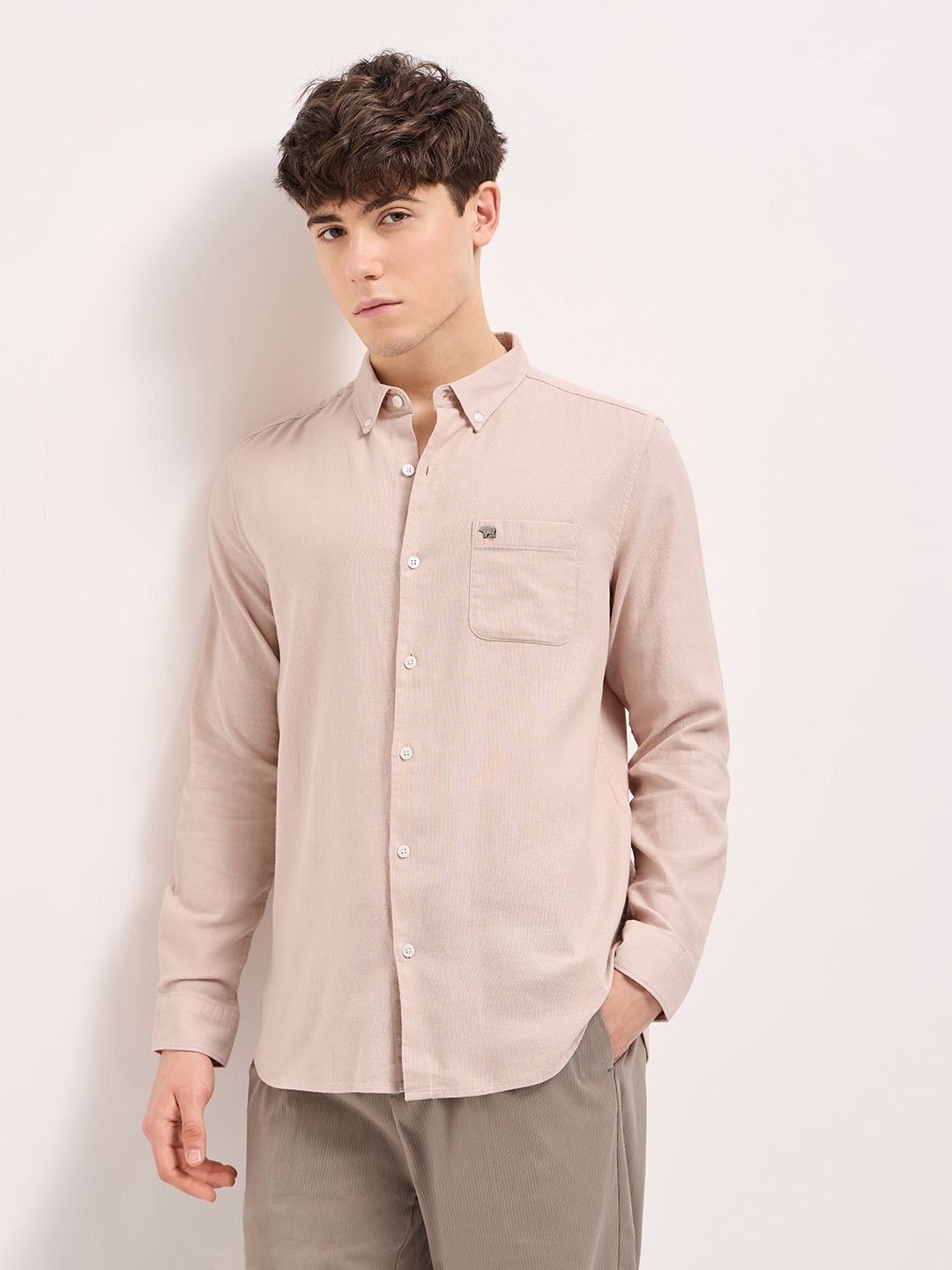 THE BEAR HOUSE Pure Cotton Button-Down Collar Solid Slim Fit Shirt