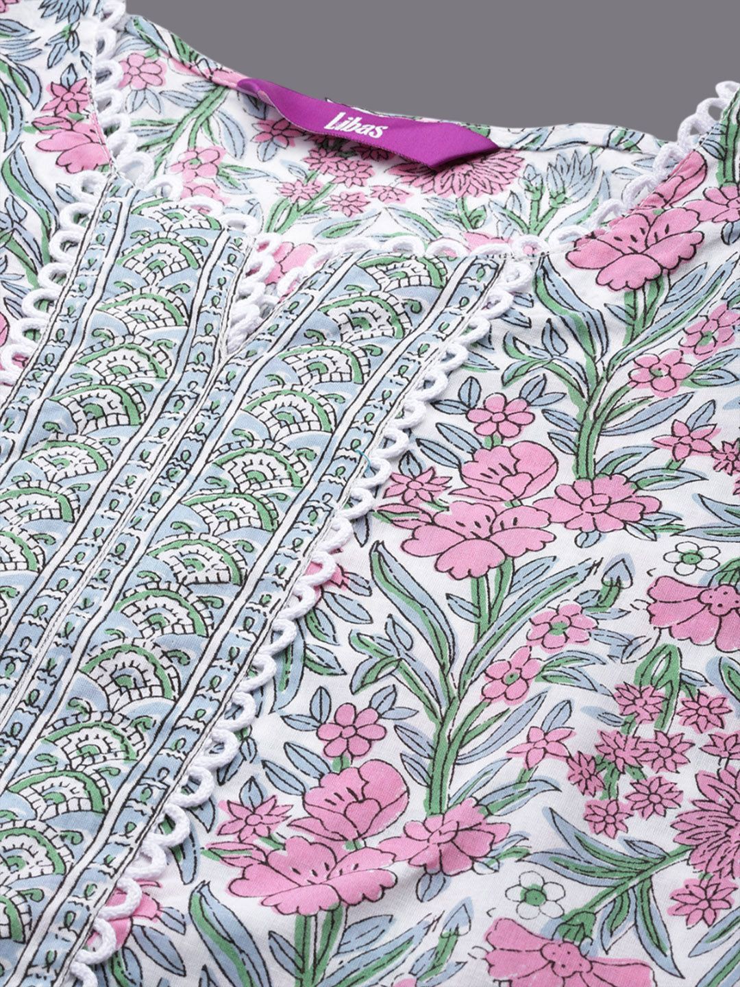Libas Floral Printed Notch Neck Cotton Straight Kurta With Palazzos & Dupatta
