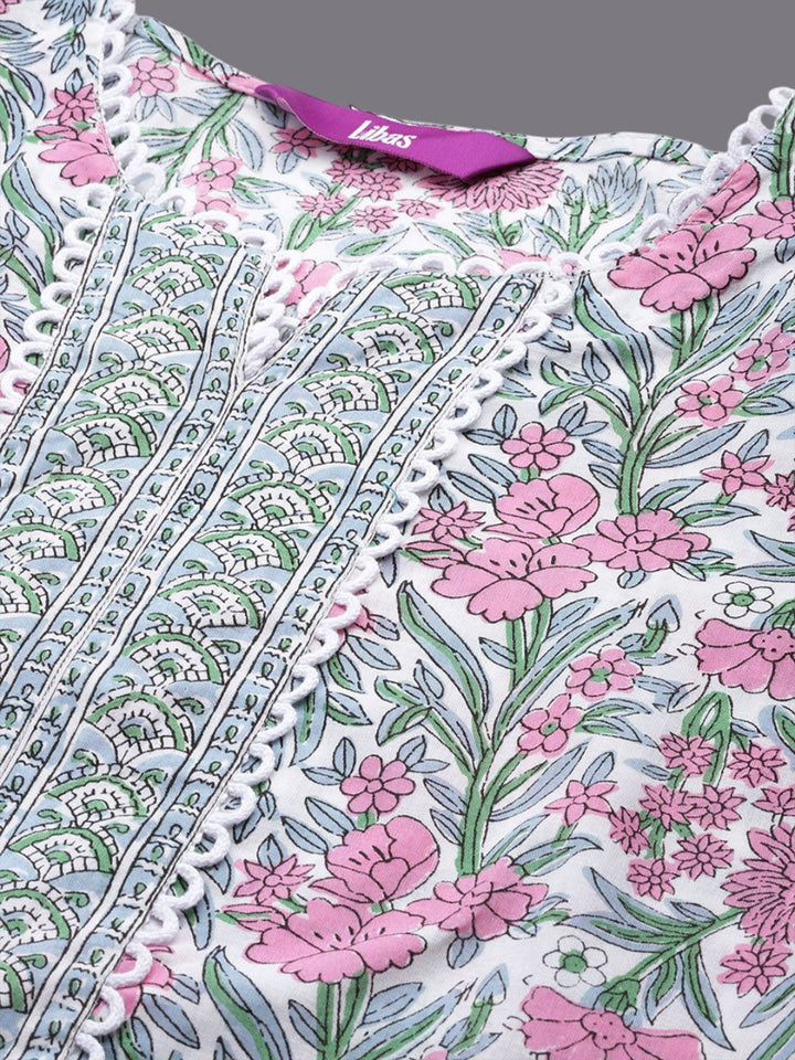 Libas Floral Printed Notch Neck Cotton Straight Kurta With Palazzos & Dupatta