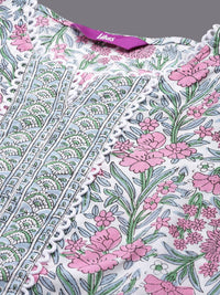 Libas Floral Printed Notch Neck Cotton Straight Kurta With Palazzos & Dupatta