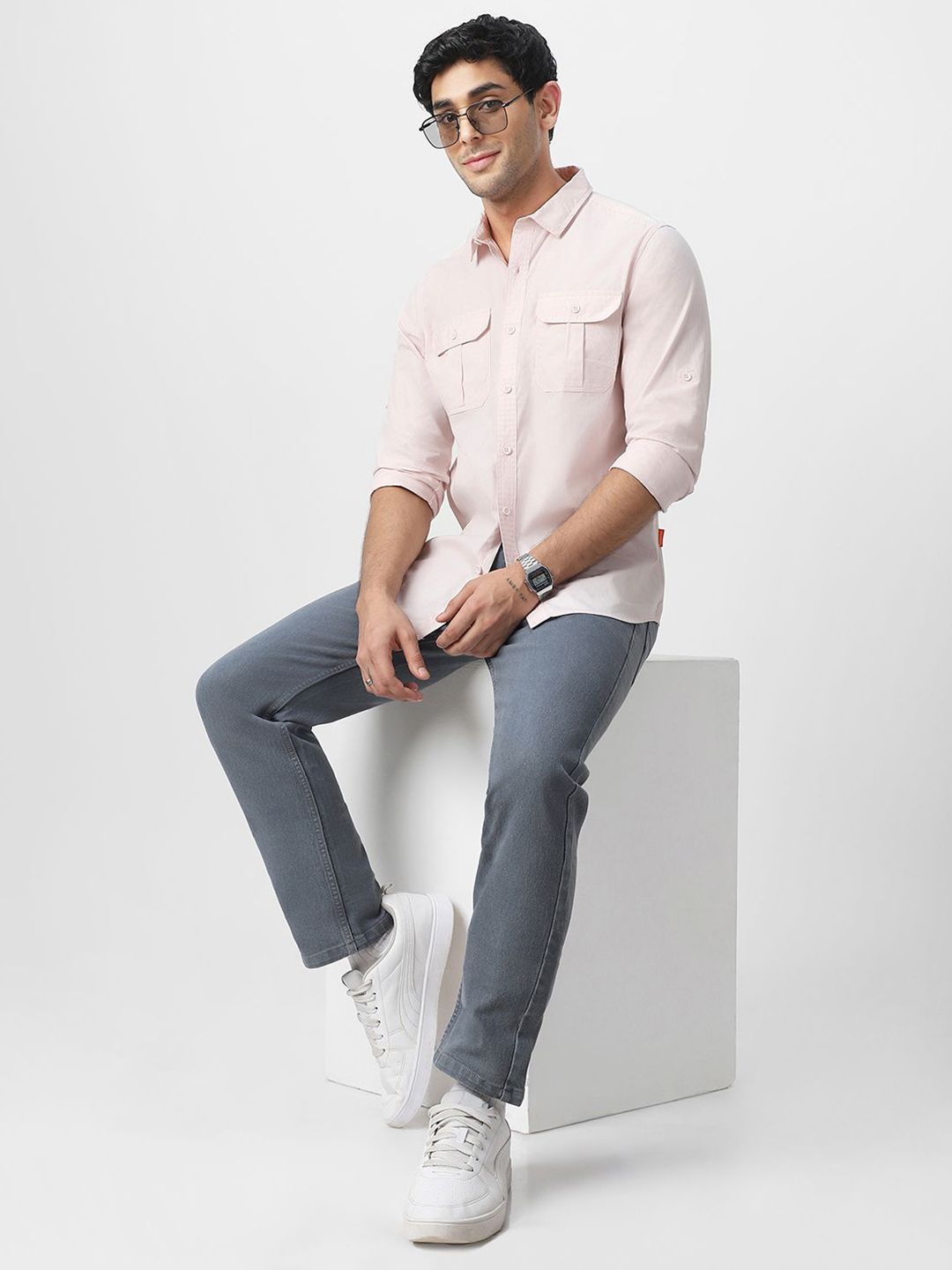 Urbano Fashion Men Spread Collar Solid Cotton Casual Shirt