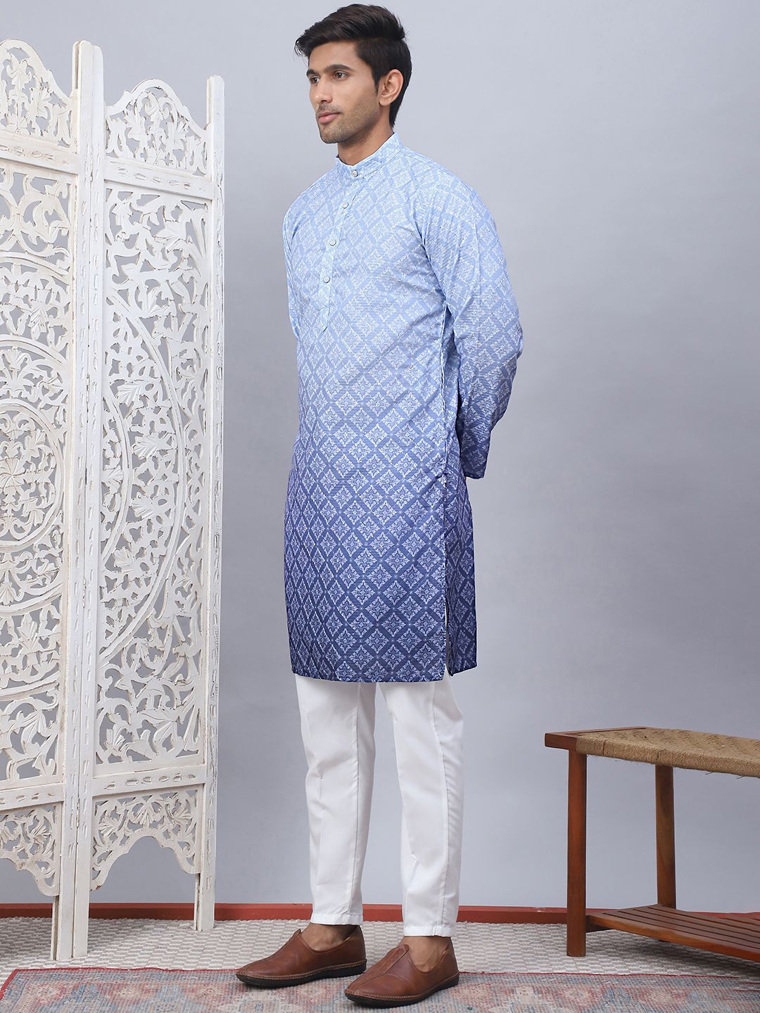 Jompers Ethnic Motifs Printed & Ombre Mandarin Collar Kurta with Pyjama