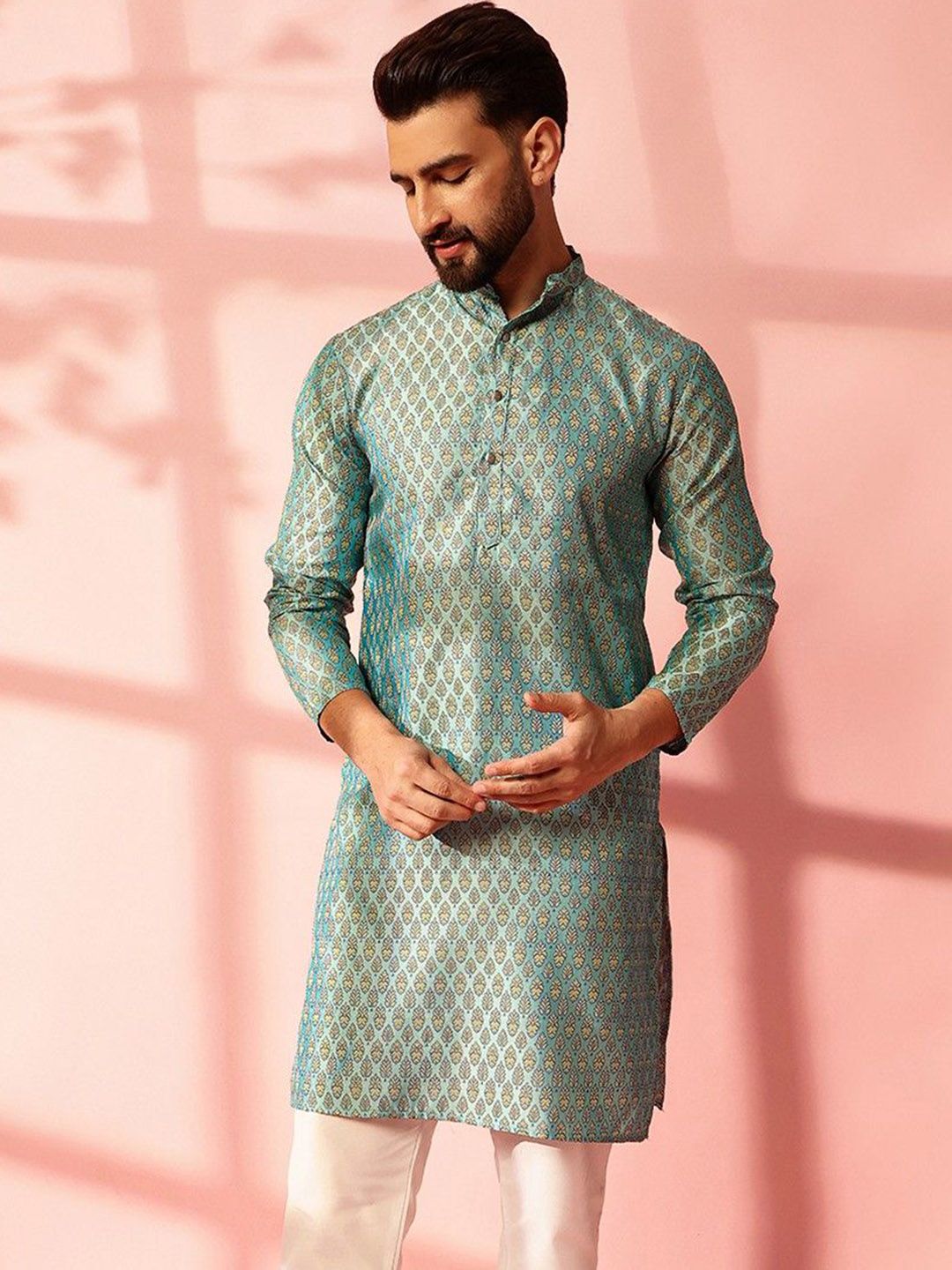 Anouk Ethnic Motifs Woven Design Mandarin Collar Straight Kurta