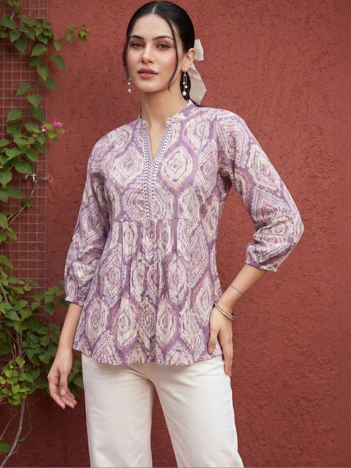 Mamicha Print Mandarin Collar Bishop Sleeves Cotton Top