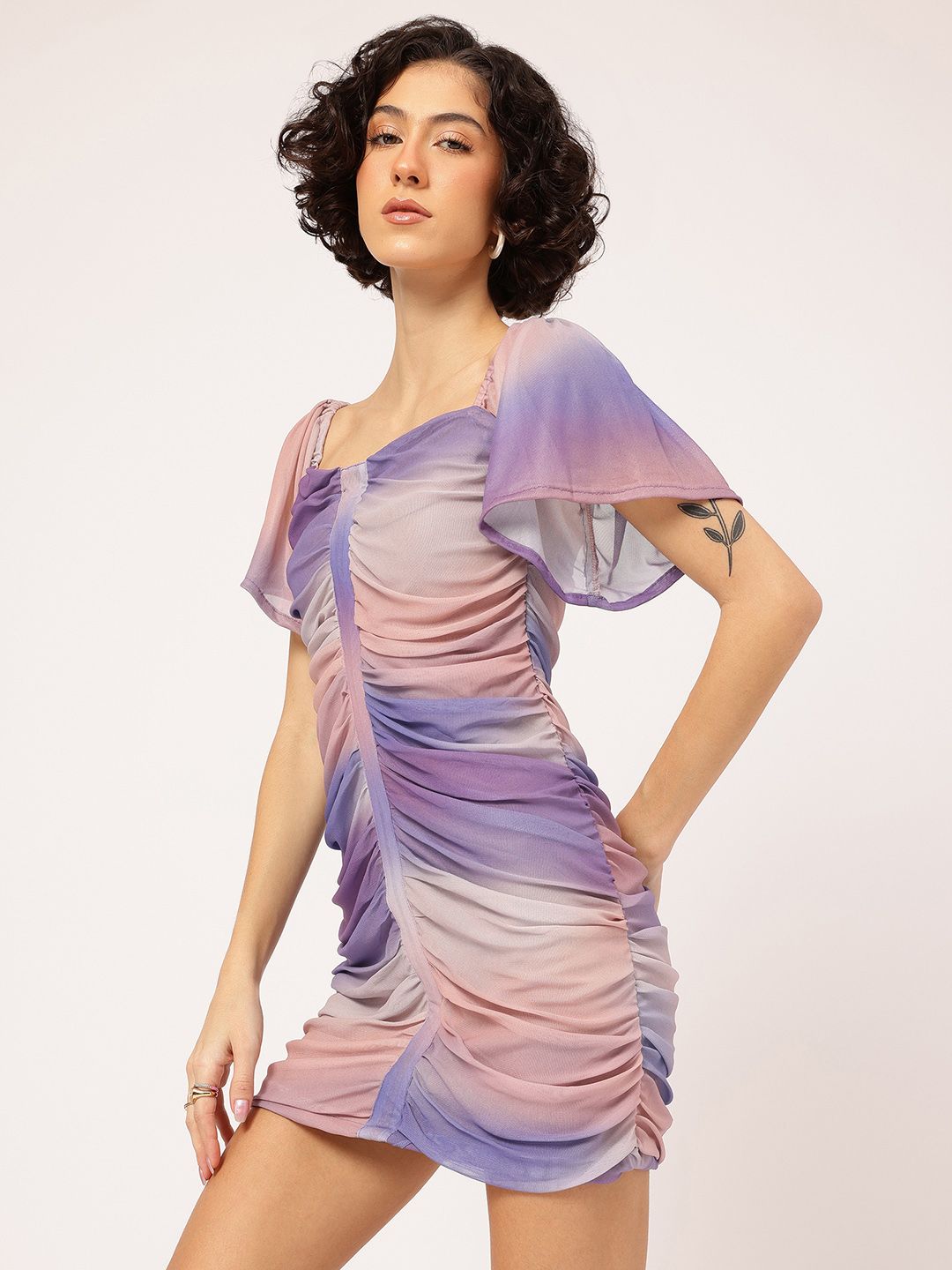 DressBerry Lavender Hues Tie & Dye Ruched Bodycon Mini Dress