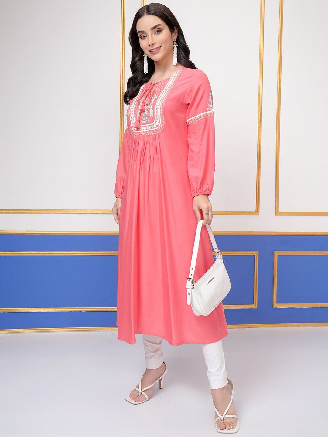 Vishudh Coral Floral Embroidered Tie-Up Neck Thread Work A-Line Kurta