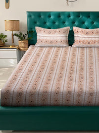 KLOTTHE Beige & Orange Floral Printed 400 TC Cotton King Bedsheet Set 2.50 m x 2.25 m