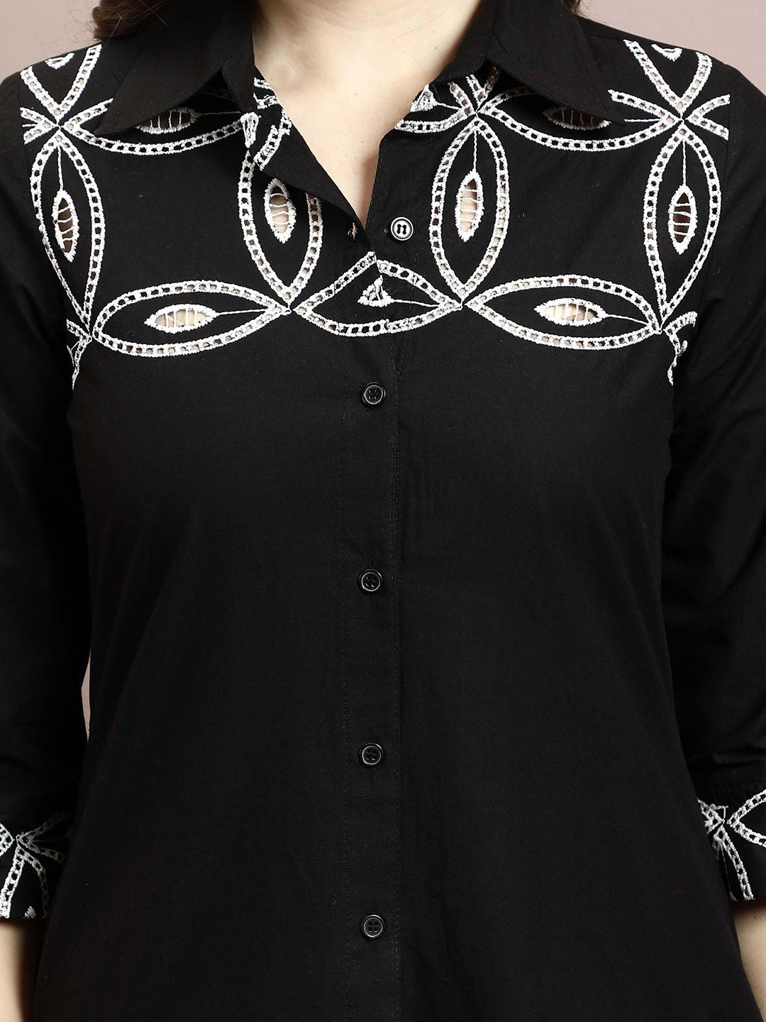 Athena Women Embellished Shirt Collar Cotton Top