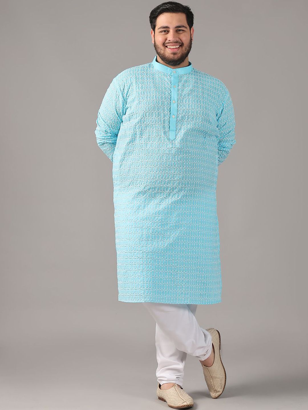SOJANYA PLUS Size Floral Embroidered Thread Work Band Collar Cotton Straight Kurta