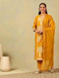 Mamicha Women Ethnic Motifs Embroidered Regular Thread Work Pure Cotton Kurta with Trousers & With Dupatta