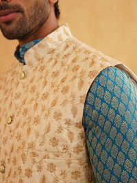 SOJANYA Ethnic Motifs Woven design Band Collar Kurta With Churidar And Nehru Jacket