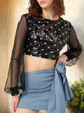 DressBerry Retro Rave Sequined Sheer Detail Crop Top