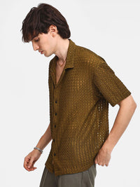 Brown Sheer Relaxed Fit Cuban Collar Casual Shirt