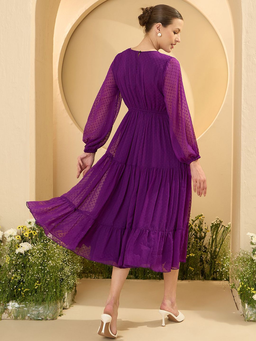 Antheaa Women Puff Sleeve Embroidered Fit and Flare Midi Dress