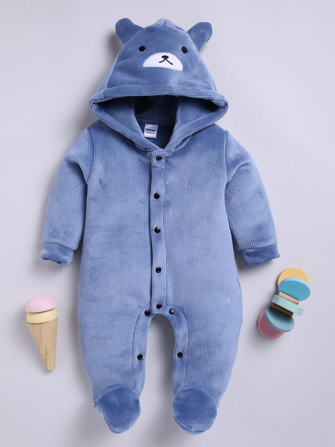 Moms Love Infant Boys Pure Cotton Velvet Finish Ribbed Hooded Sleepsuit