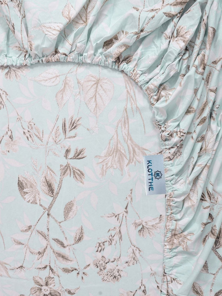 KLOTTHE Turquoise Floral Printed Fitted 300 TC King Double Bedsheet With 2 Pillow Covers