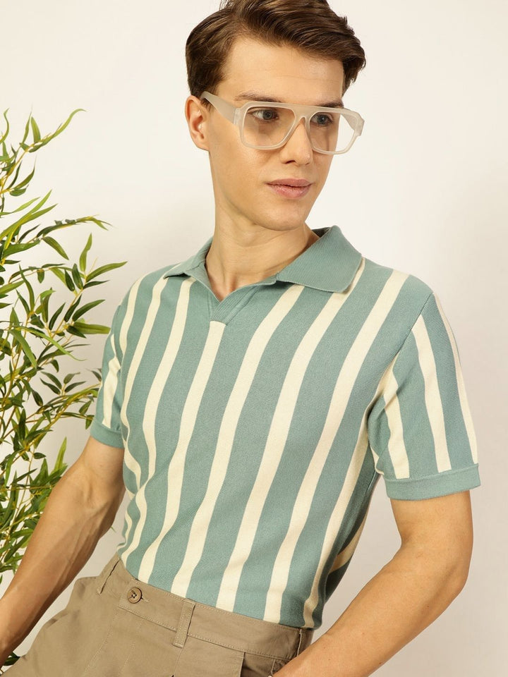 Thomas Scott Men Bio Finish Striped Polo Collar Cotton T-shirt