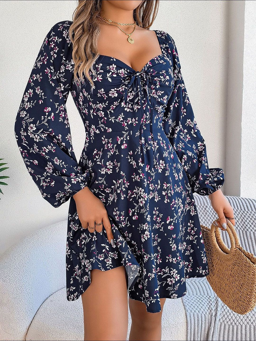 all about you Women Floral Print Puff Sleeve Fit & Flare Dress