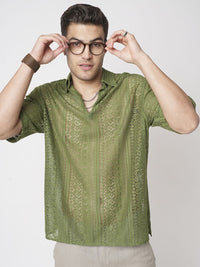 VASTRADO Men Classic Oversized Fit Spread Collar Textured Cotton Casual Shirt