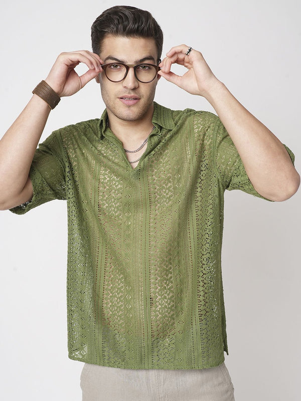 VASTRADO Men Classic Oversized Fit Spread Collar Textured Cotton Casual Shirt