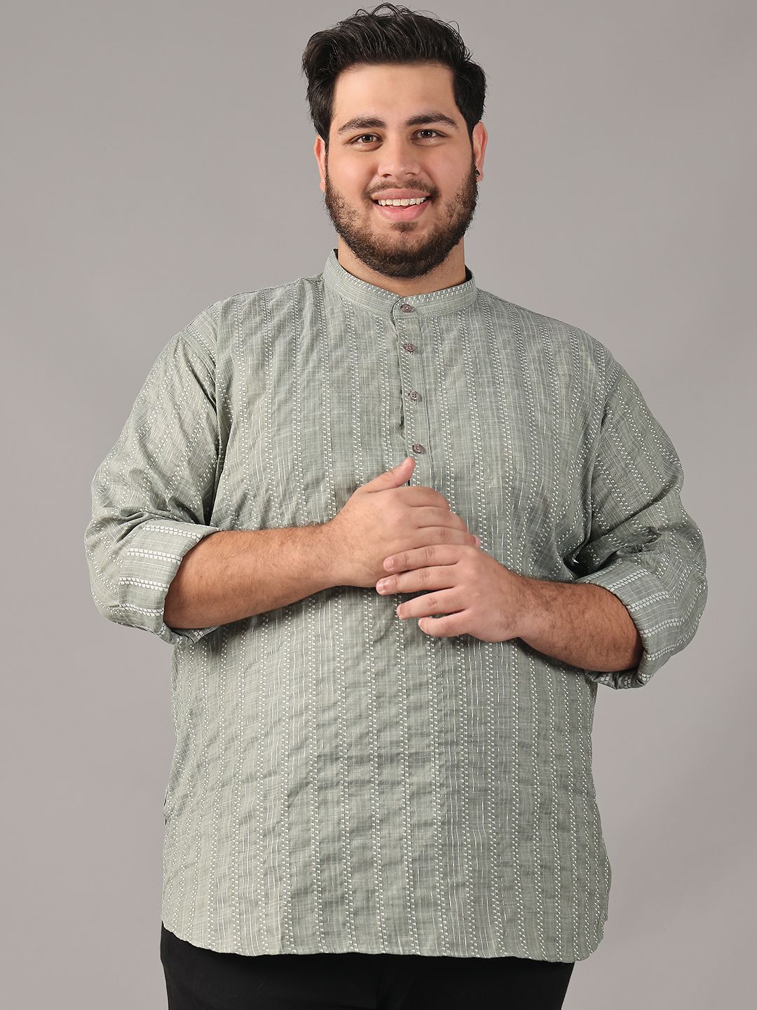 SOJANYA PLUS Size Geometric Woven Design Band Collar Cotton Straight Kurta