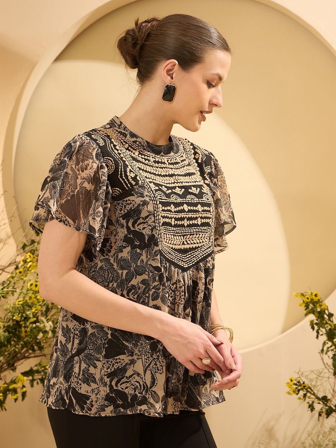 Antheaa Floral Emboridered Kimono Sleeve Top