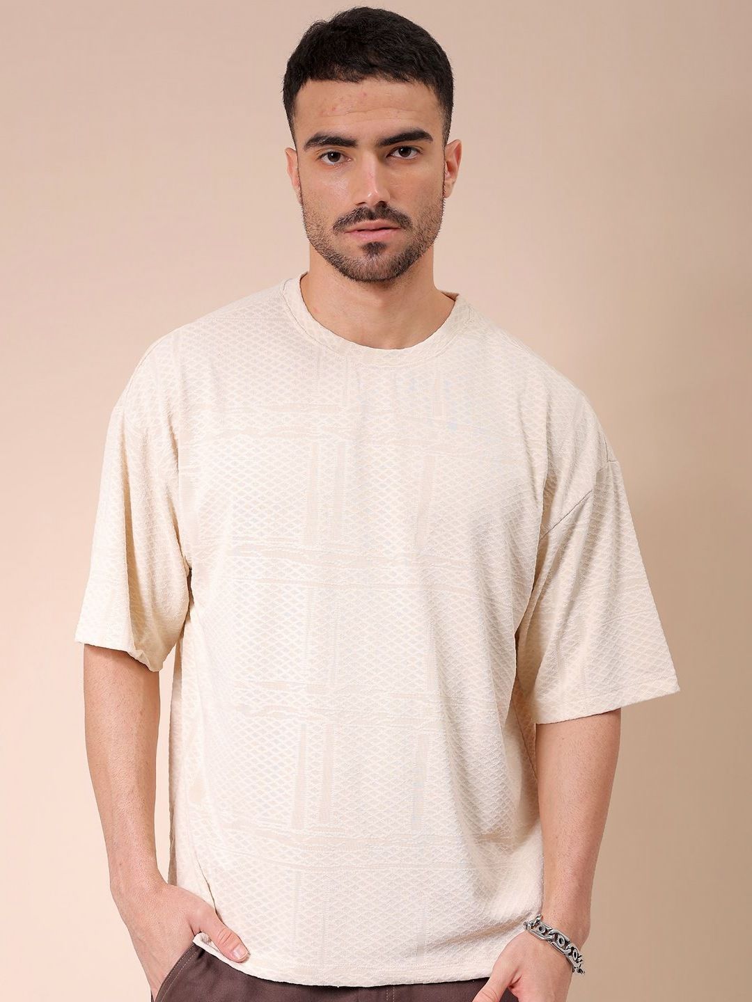 The Indian Garage Co Men Self Design Round Neck Oversized T-shirt