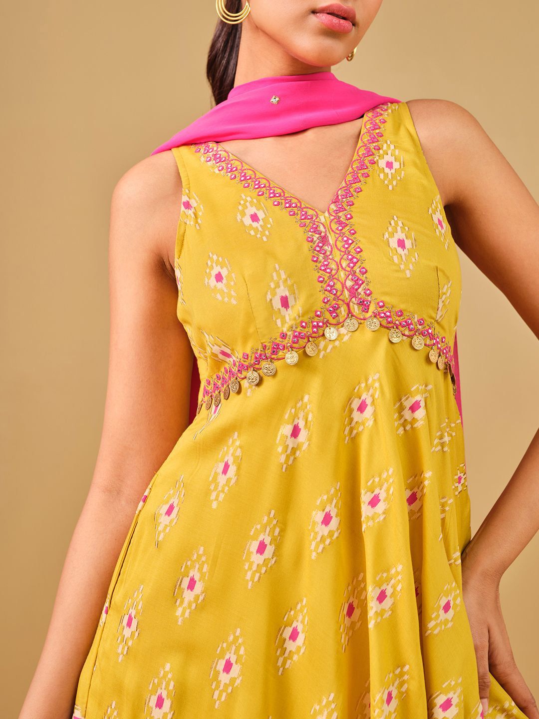 Global Desi Ethnic Motifs Printed Mirror Work Anarkali Kurta with Trousers & Dupatta