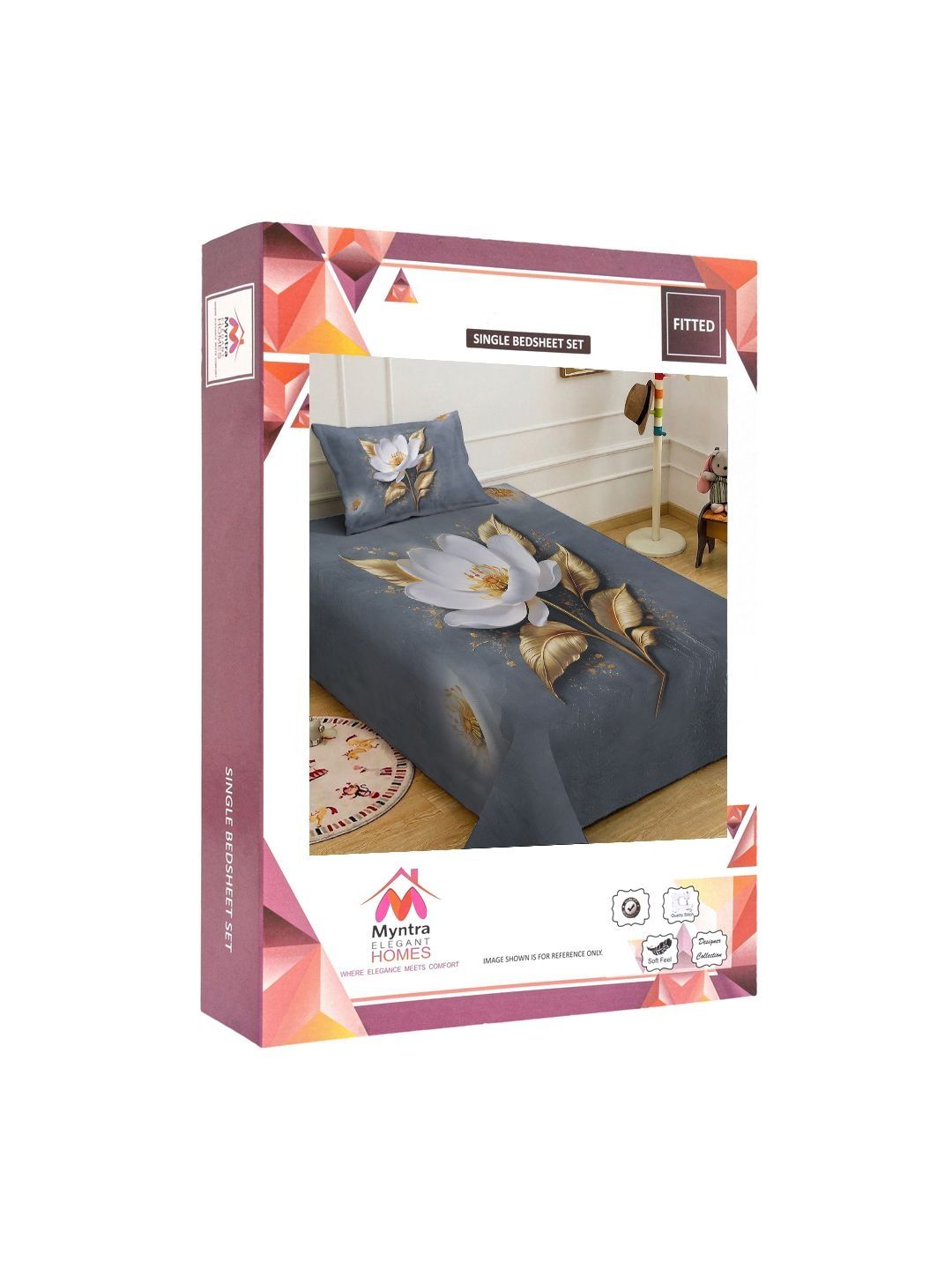 Myntra Elegant Homes Grey Floral 300 TC Cadar Tempat Tidur Single dengan 1 Sarung Bantal