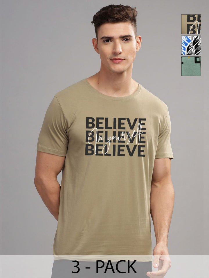 Pek ADRO Lelaki dengan 3 T-shirt Kapas Leher Bulat Bercetak Grafik