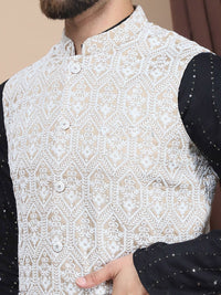 Anouk Floral Embroidered Sequinned Pure Cotton Straight Kurta With Churidar & Nehru Jacket