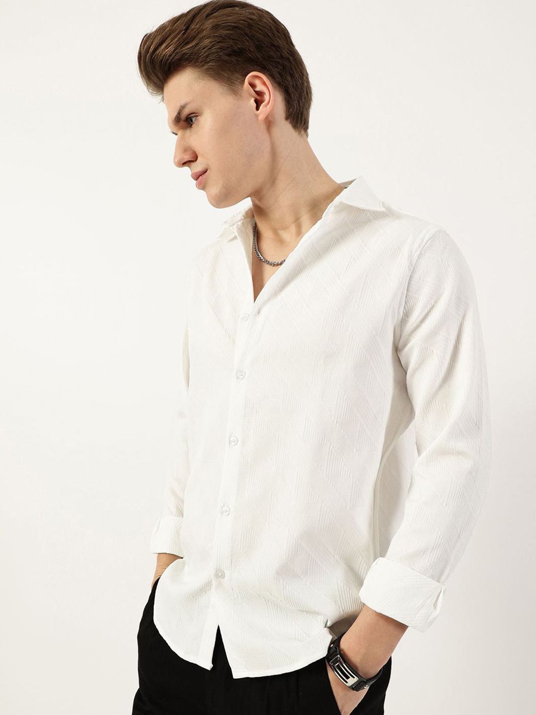 Thomas Scott Men Premium Spread Collar Textured Solid Slim Fit Casual Shirt