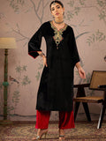 Shae by SASSAFRAS Quirky Embroidered Round Neck Three-Quarter Sleeves Regular Velvet Kurta