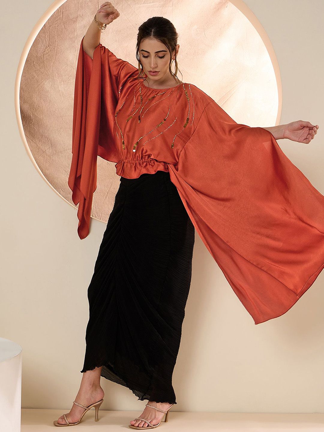 Antheaa Rust Embellished Top With Skirt