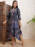 Vishudh Blue Floral Printed Mandarin Collar Regular Handkerchief Hem A-Line Kurta