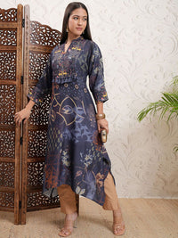 Vishudh Blue Floral Printed Mandarin Collar Regular Handkerchief Hem A-Line Kurta