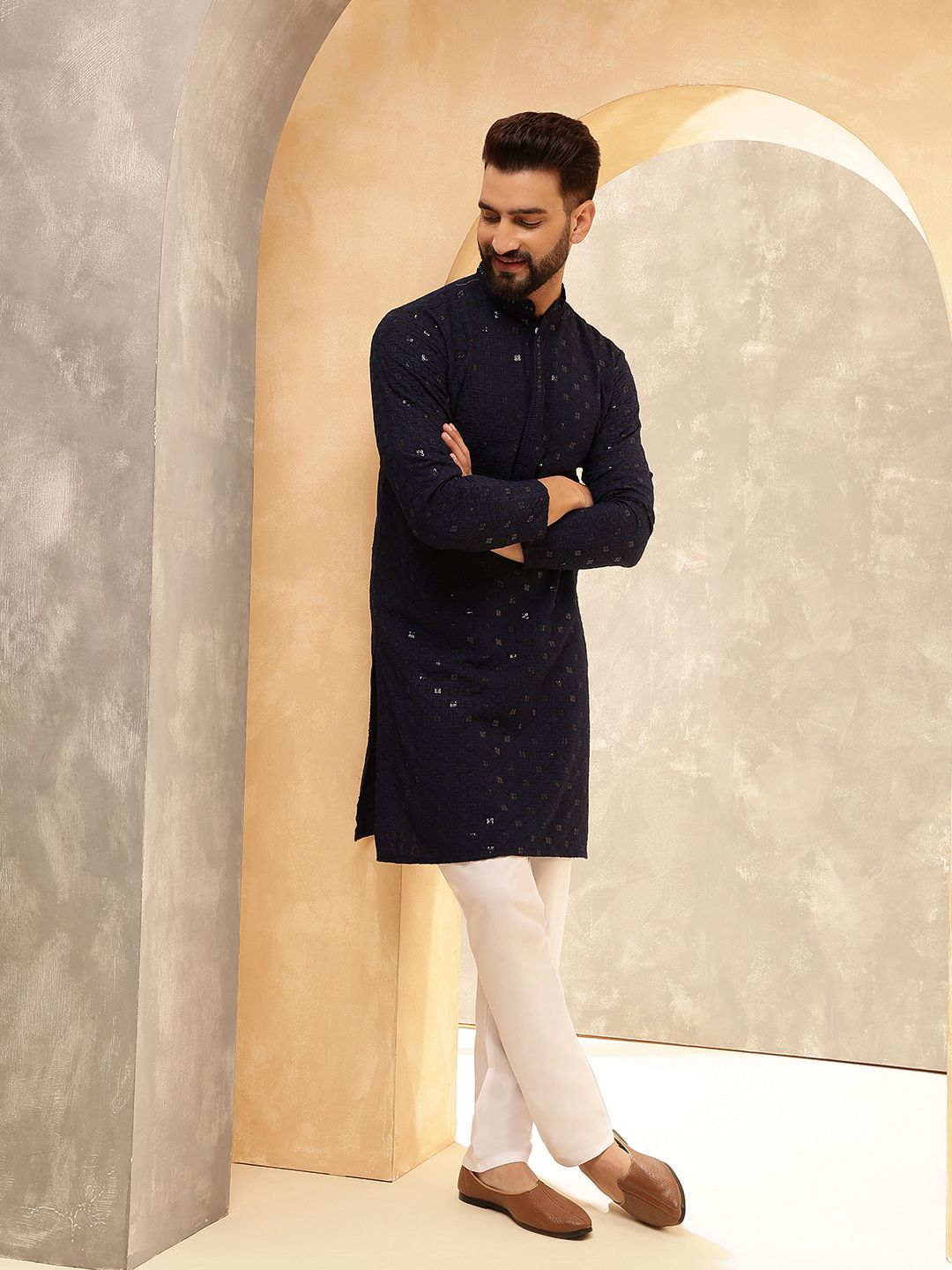 Anouk Navy Blue Geometric Embroidered Sequinned Pure Cotton Straight Kurta With Pyjamas