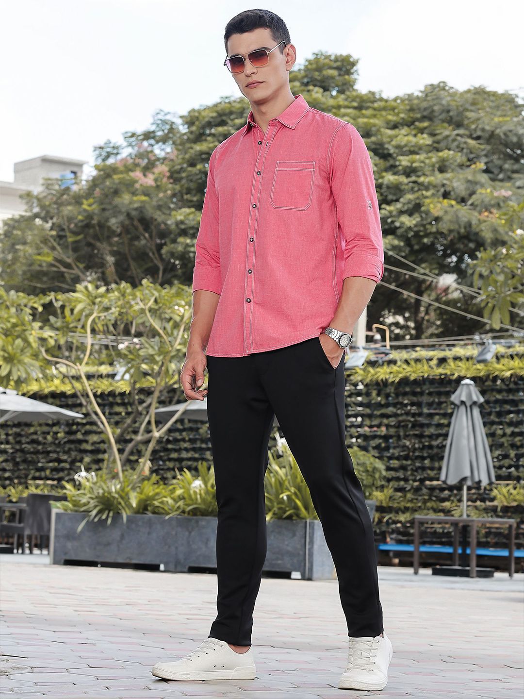 Thomas Scott Classic Slim Fit Spread Collar Roll-Up Sleeves Pure Cotton Casual Shirt