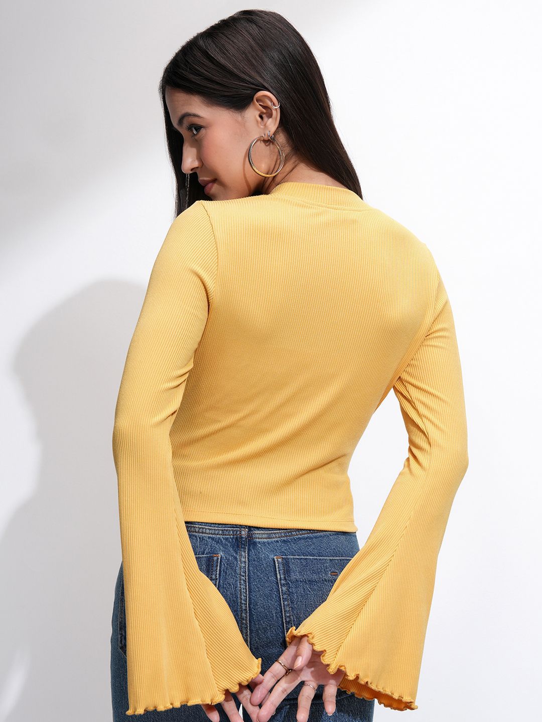 Tokyo Talkies Women Ribbed Mock Neck Bell Sleeve Fitted Top