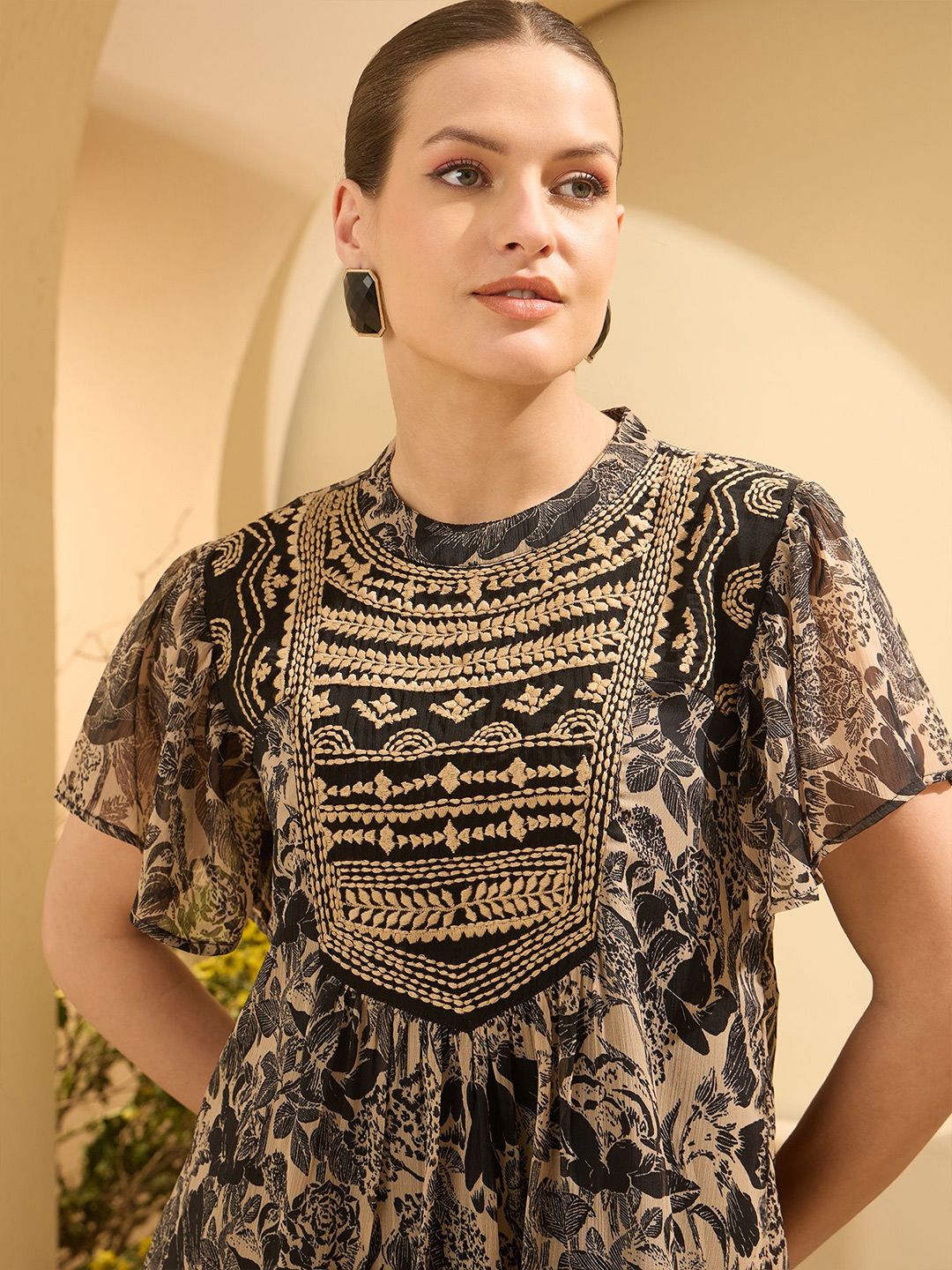 Antheaa Floral Emboridered Kimono Sleeve Top