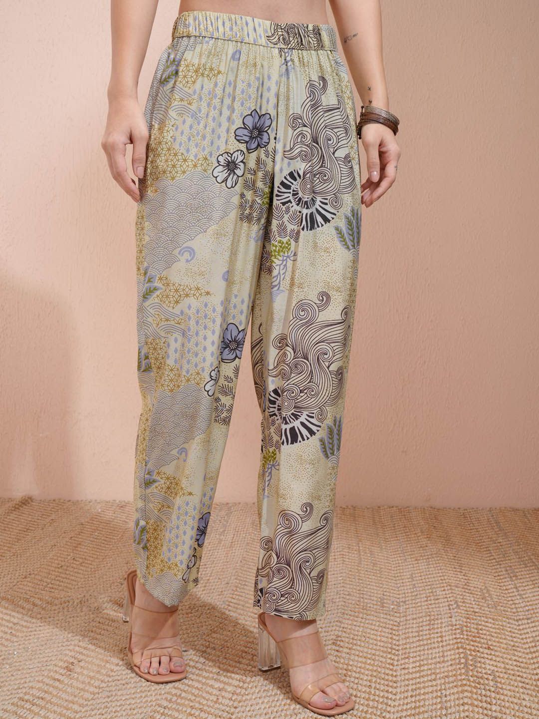 Vishudh Yellow Floral Printed Shirt Collar Three-Quarter Sleeves Top With Trouser