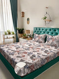 KLOTTHE Beige & Brown Floral Printed Fitted 300TC King 7D Bedsheet With 2 Pillow Cover