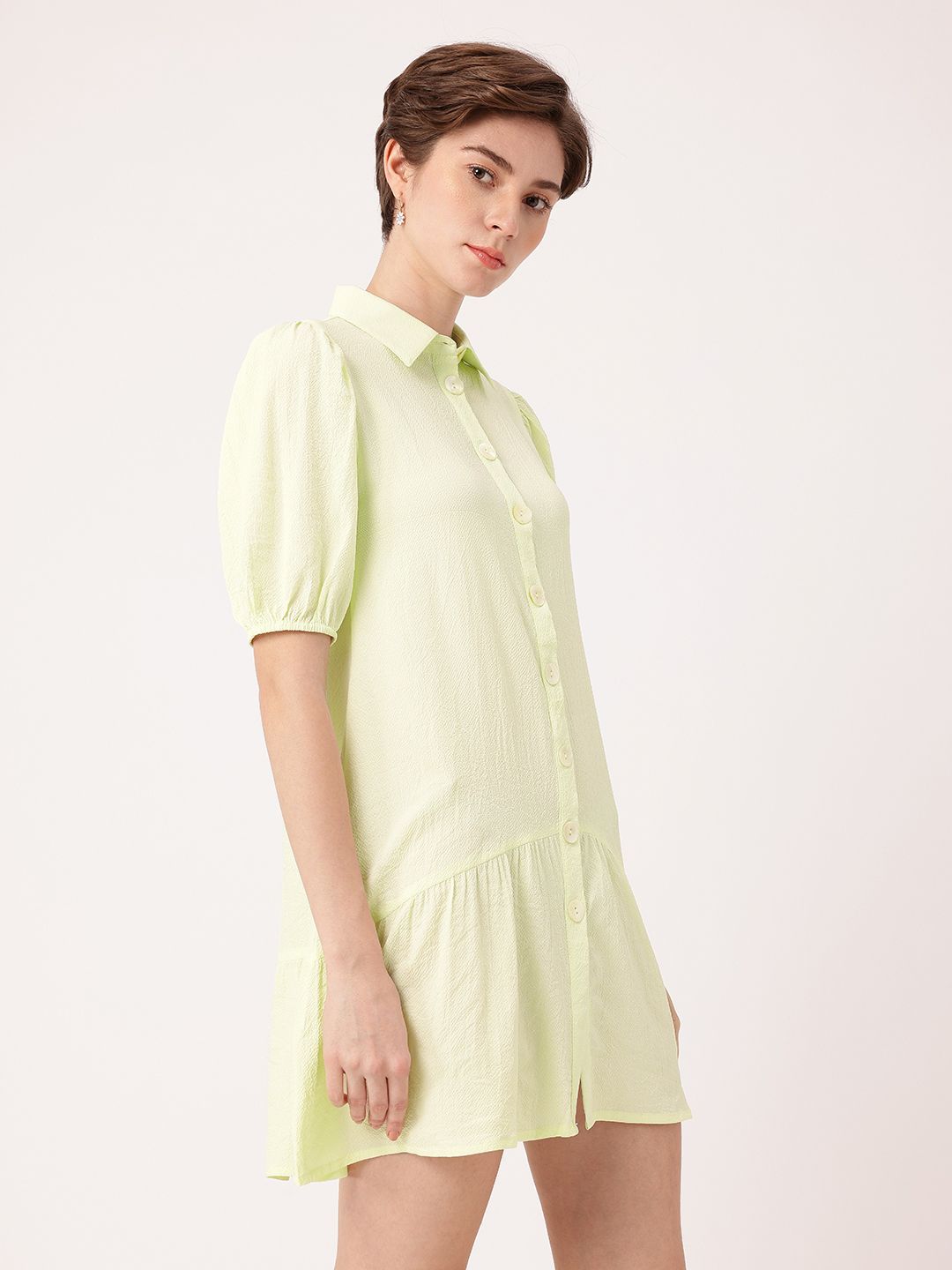 DressBerry Playful Puffed Sleeves Gathers Crepe Shirt Style Mini Dress