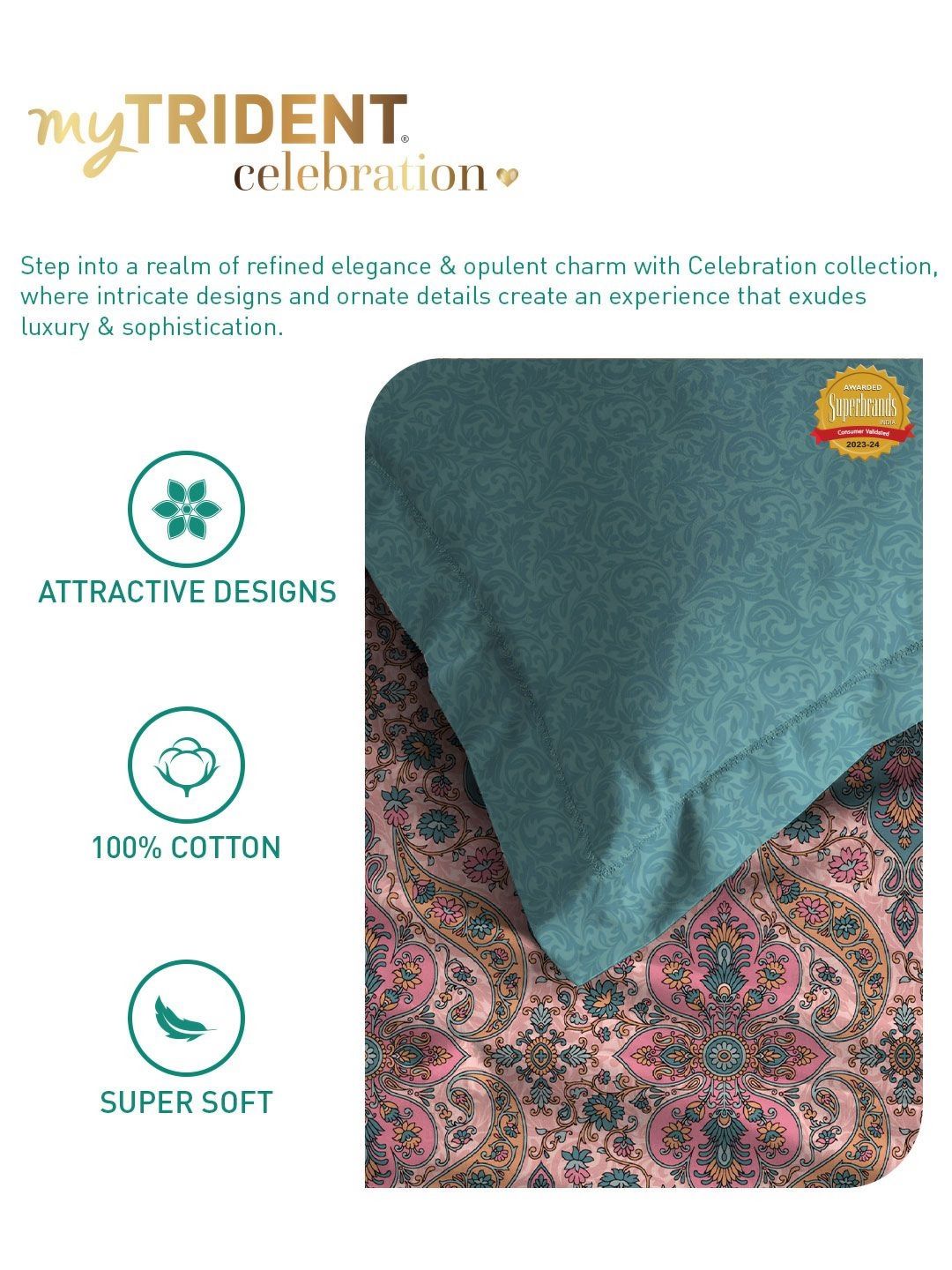 MYTRIDENT Celebration Pink Floral Printed Pure Cotton 144 TC Queen Bedsheet Set 2.28 m x 2.54 m